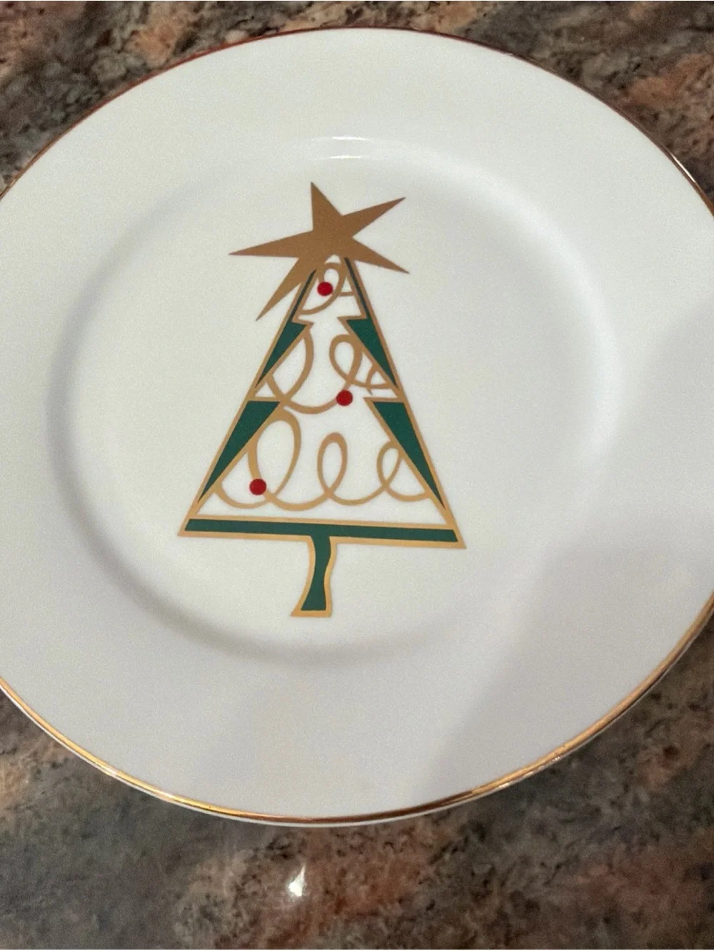 Set of 4 Pier 1 Christmas Tree Holiday Salad Plates 7.5” Green Red Gold Star